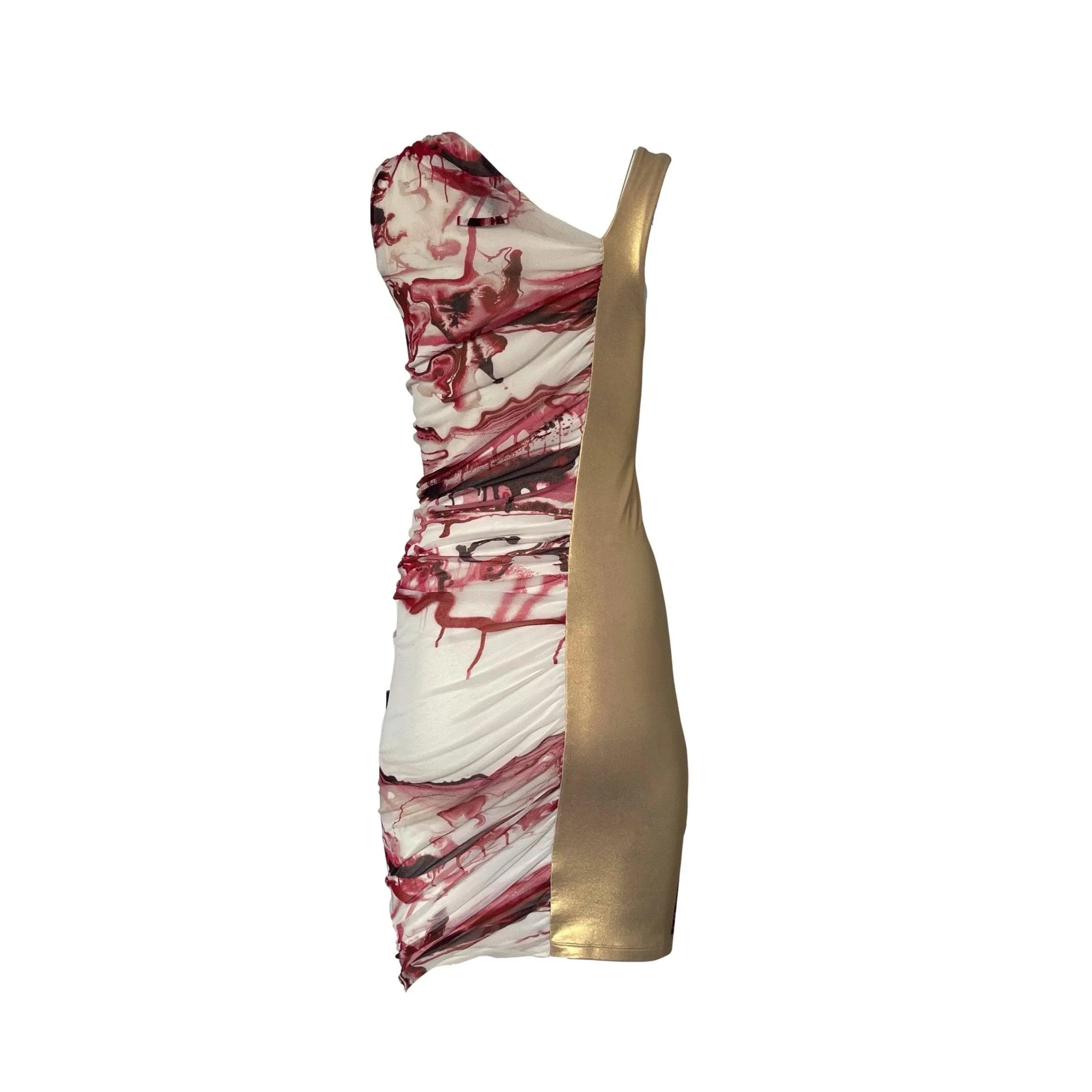 Jean Paul Gaultier Red Marble Print Ruched Dress