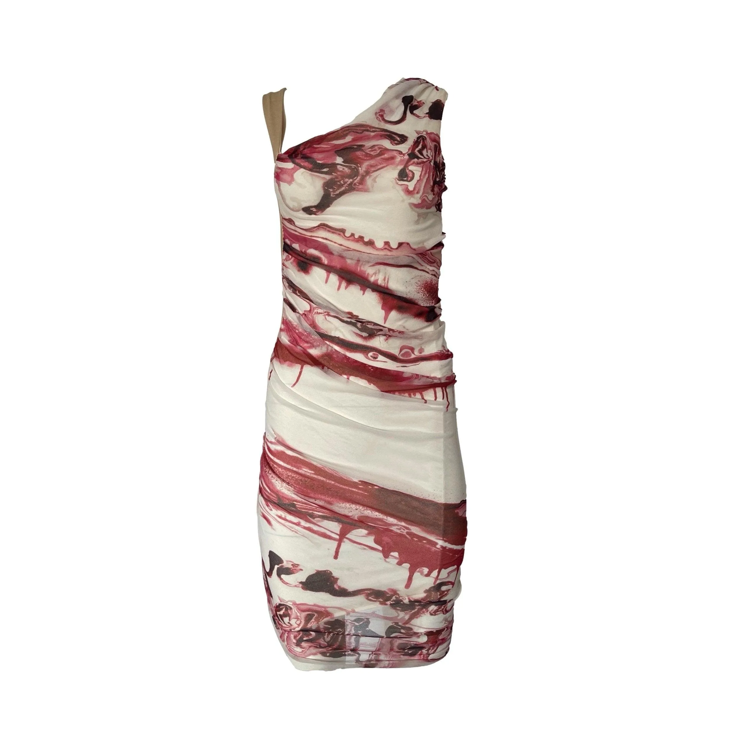 Jean Paul Gaultier Red Marble Print Ruched Dress