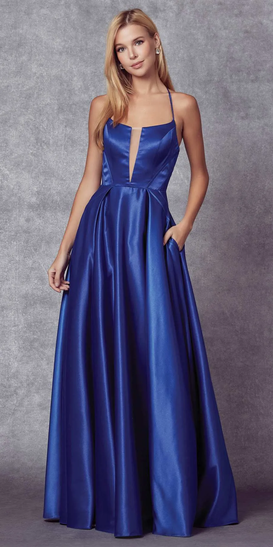 Juliet 687 Long Shiny Satin A-line Prom Gown with Pockets