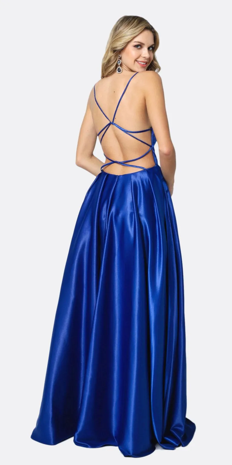 Juliet 687 Long Shiny Satin A-line Prom Gown with Pockets