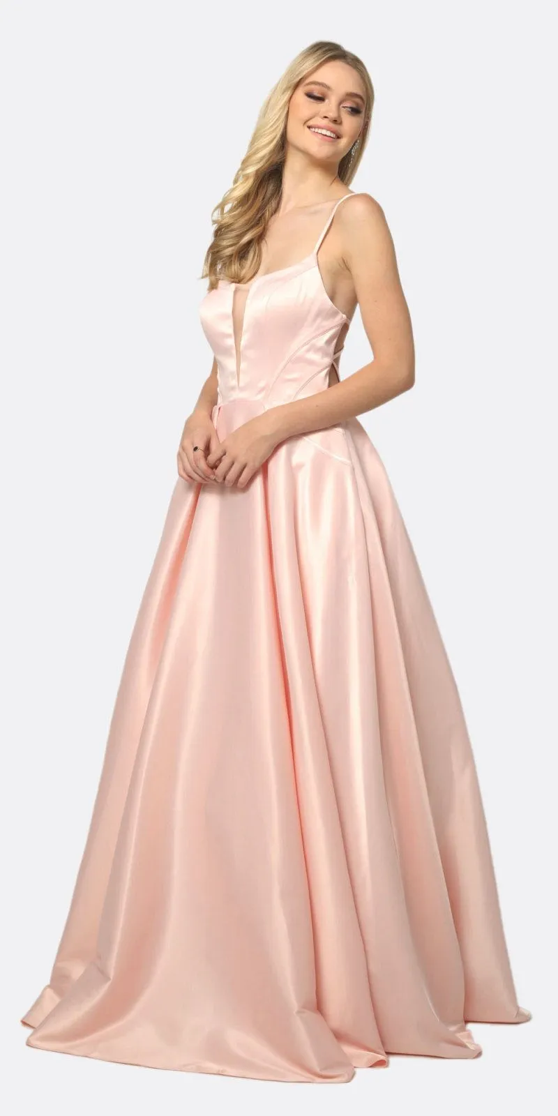 Juliet 687 Long Shiny Satin A-line Prom Gown with Pockets