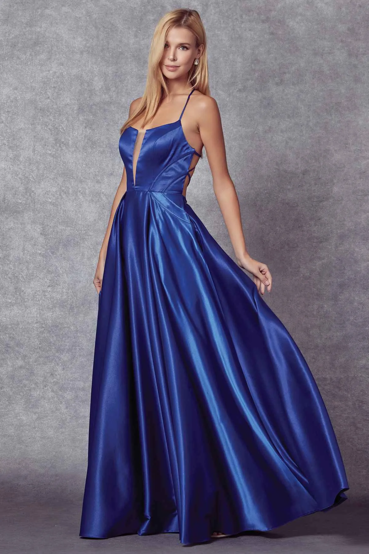 Juliet 687 Long Shiny Satin A-line Prom Gown with Pockets