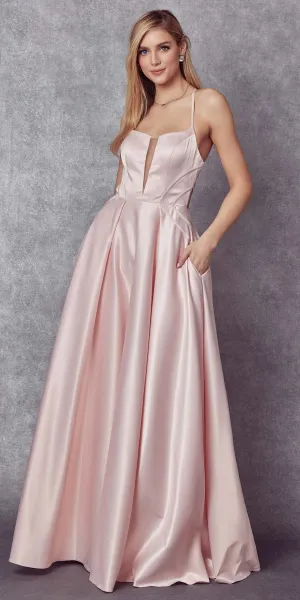 Juliet 687 Long Shiny Satin A-line Prom Gown with Pockets