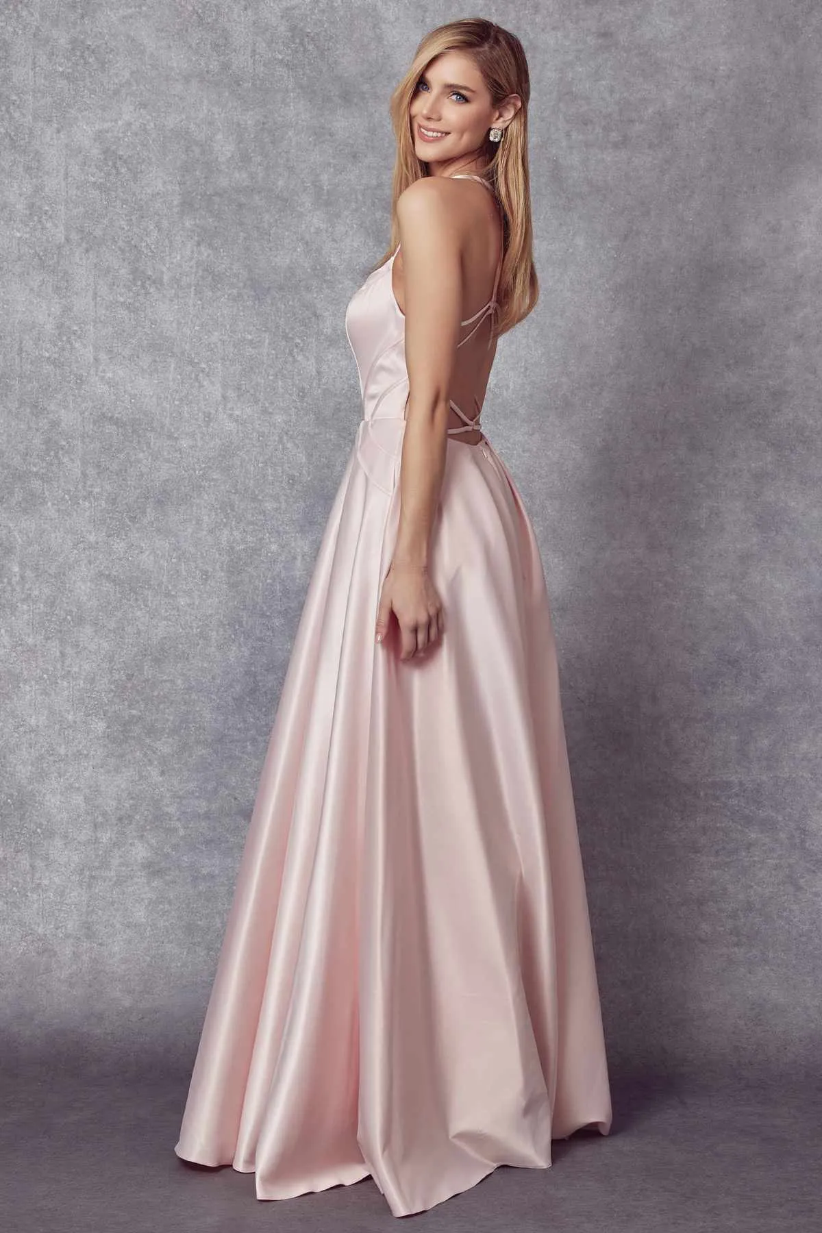 Juliet 687 Long Shiny Satin A-line Prom Gown with Pockets