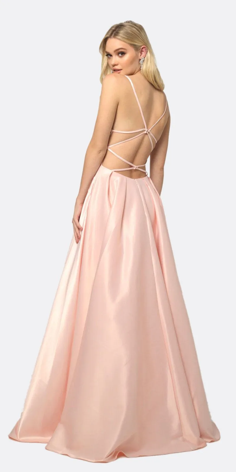 Juliet 687 Long Shiny Satin A-line Prom Gown with Pockets