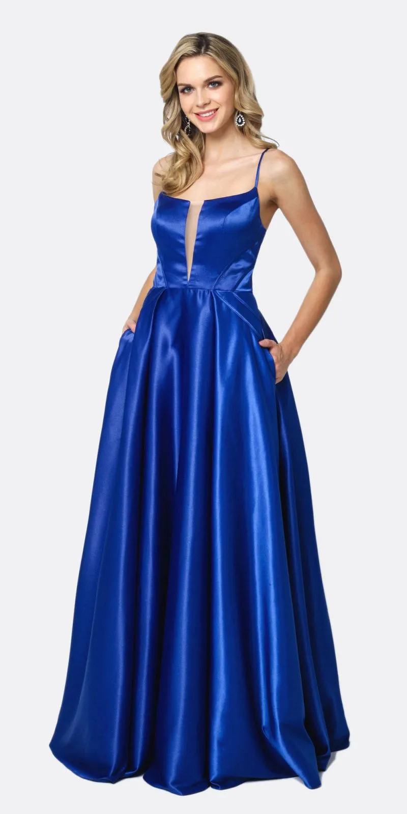 Juliet 687 Long Shiny Satin A-line Prom Gown with Pockets