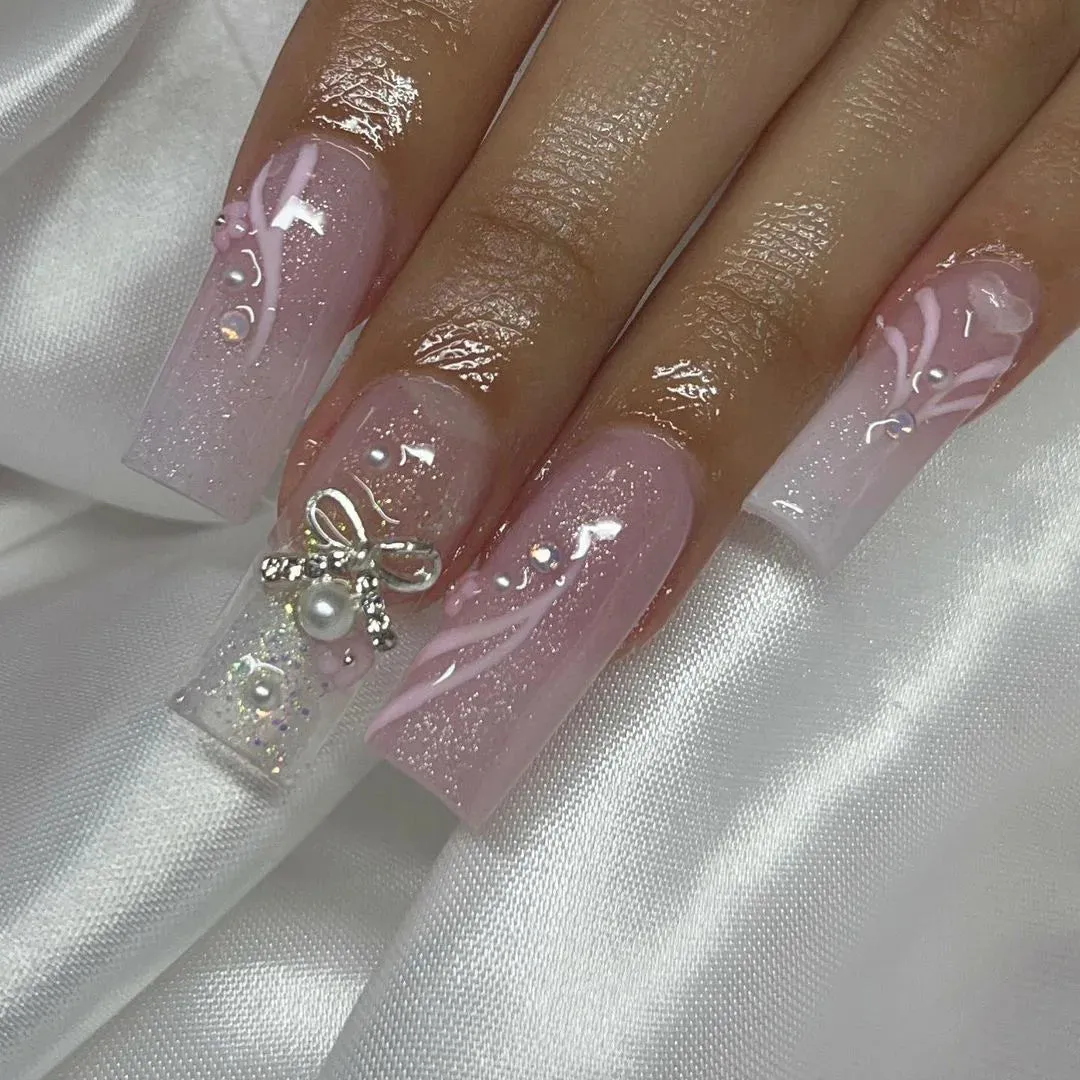 Kawaii Pink Bow Ballet Coffin Press-On Nails 🎀✨ - 24 Pcs Full Cover Magic!