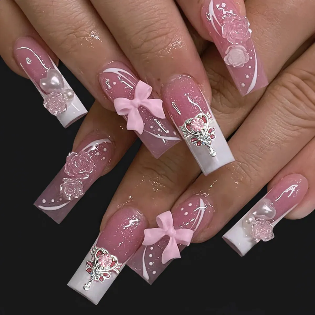Kawaii Pink Bow Ballet Coffin Press-On Nails 🎀✨ - 24 Pcs Full Cover Magic!