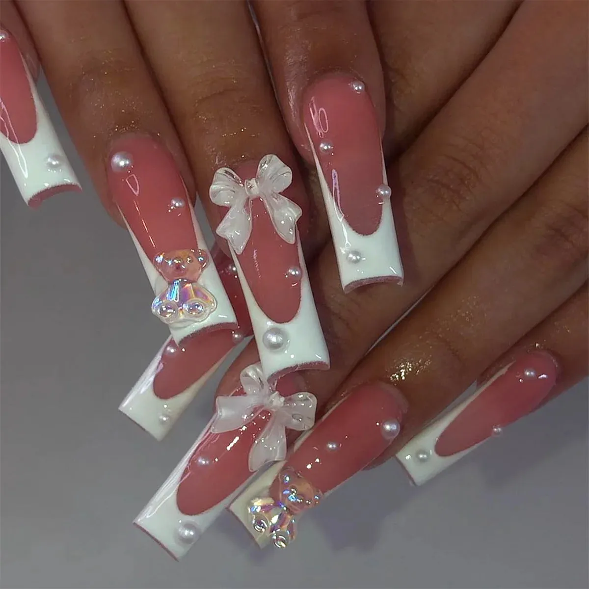 Kawaii Pink Bow Ballet Coffin Press-On Nails 🎀✨ - 24 Pcs Full Cover Magic!