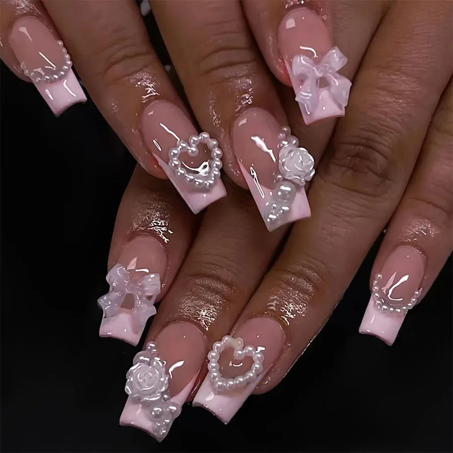 Kawaii Pink Bow Ballet Coffin Press-On Nails 🎀✨ - 24 Pcs Full Cover Magic!