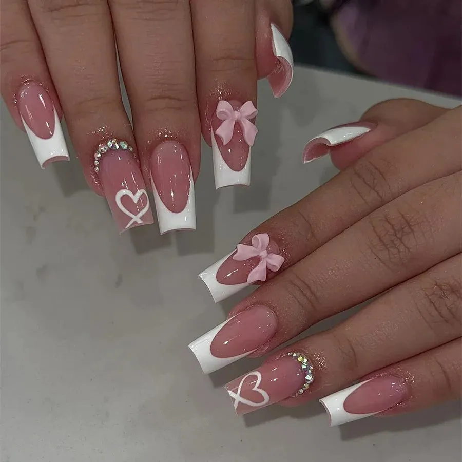 Kawaii Pink Bow Ballet Coffin Press-On Nails 🎀✨ - 24 Pcs Full Cover Magic!