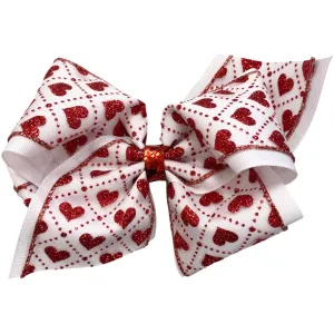 King Red Glitter Heart Overlay Hair Bow on Clippie