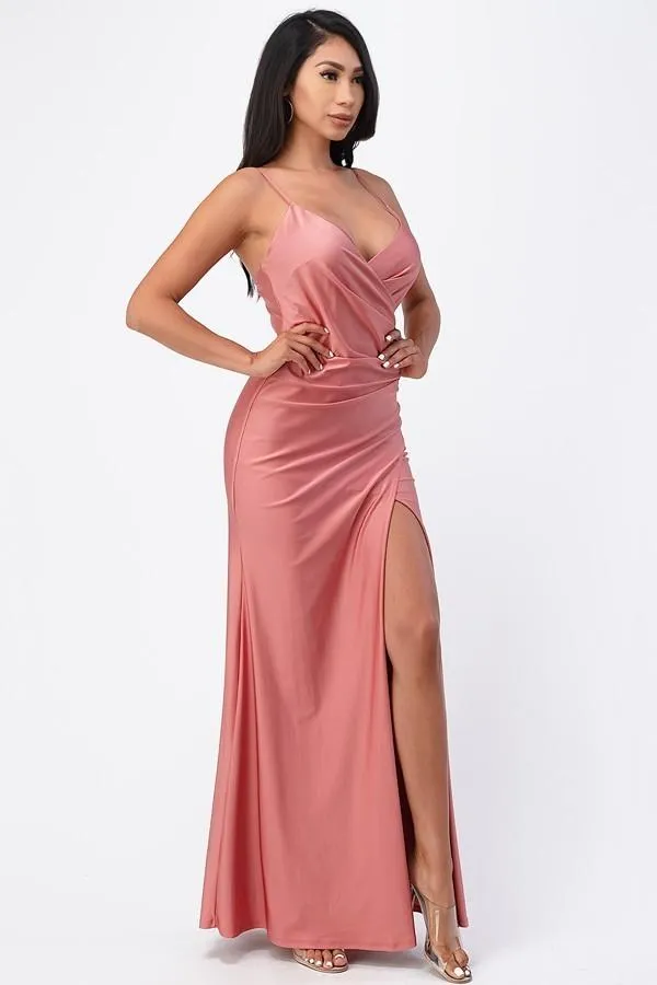 La Scala 25872 Long Dress Pleated Spaghetti Strap Side Leg Slit