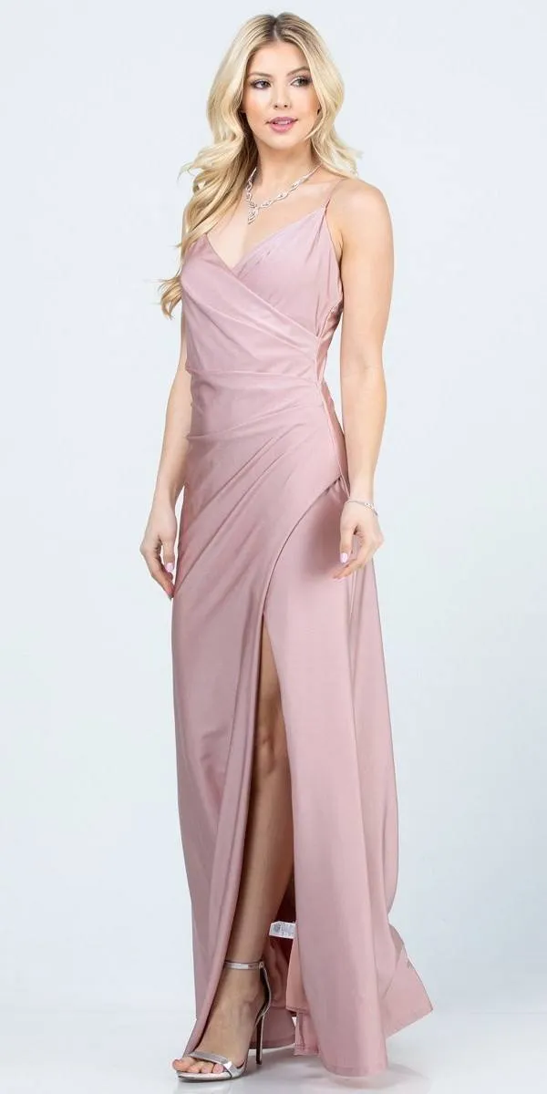 La Scala 25872 Long Dress Pleated Spaghetti Strap Side Leg Slit