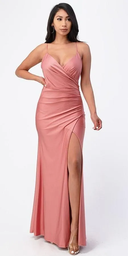La Scala 25872 Long Dress Pleated Spaghetti Strap Side Leg Slit