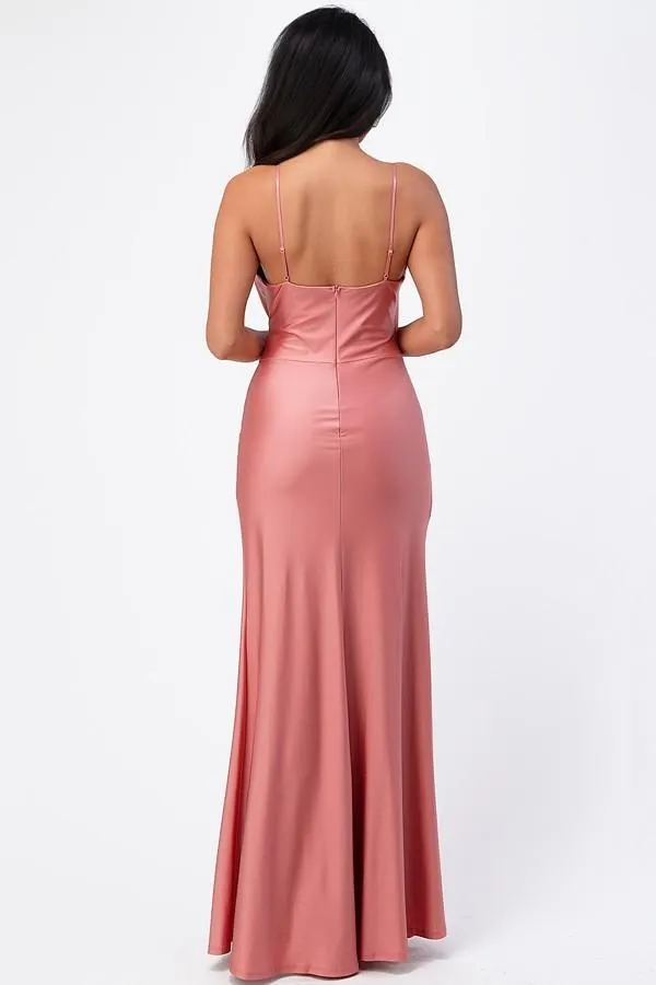 La Scala 25872 Long Dress Pleated Spaghetti Strap Side Leg Slit