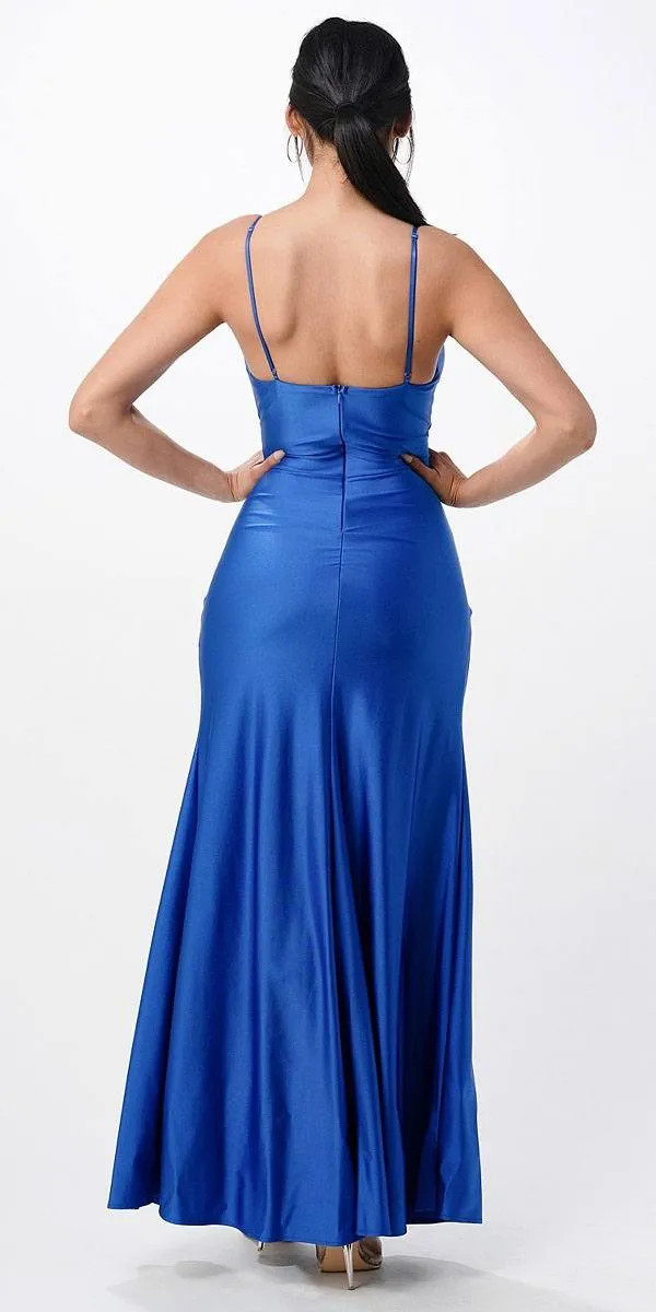 La Scala 25872 Long Dress Pleated Spaghetti Strap Side Leg Slit