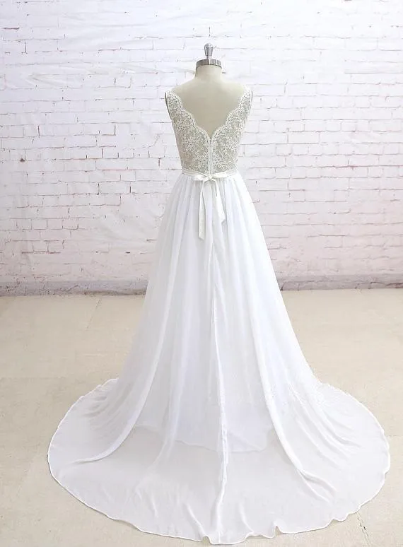 Lace See Through V Neck Cheap Beach Wedding Dresses Online, WD382
