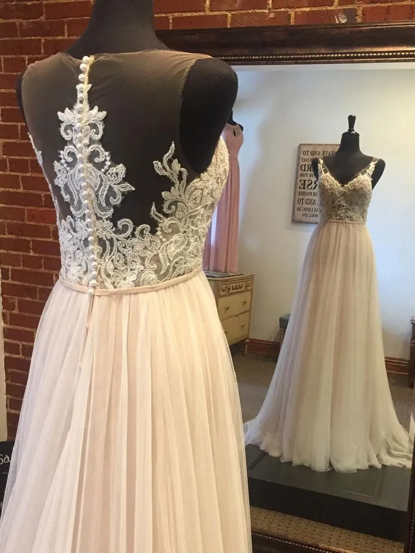 Lace V Neck See Through A-line Cheap Wedding Dresses Online, WDY0225
