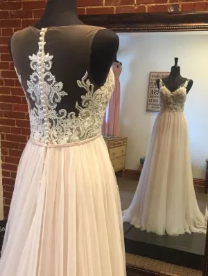 Lace V Neck See Through A-line Cheap Wedding Dresses Online, WDY0225