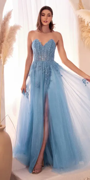 Ladivine C148 Long Strapless Lace and Tulle Glitter A-Line Ballgown