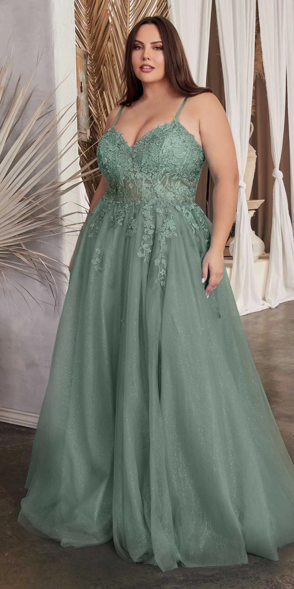 Ladivine C148 Long Strapless Lace and Tulle Glitter A-Line Ballgown