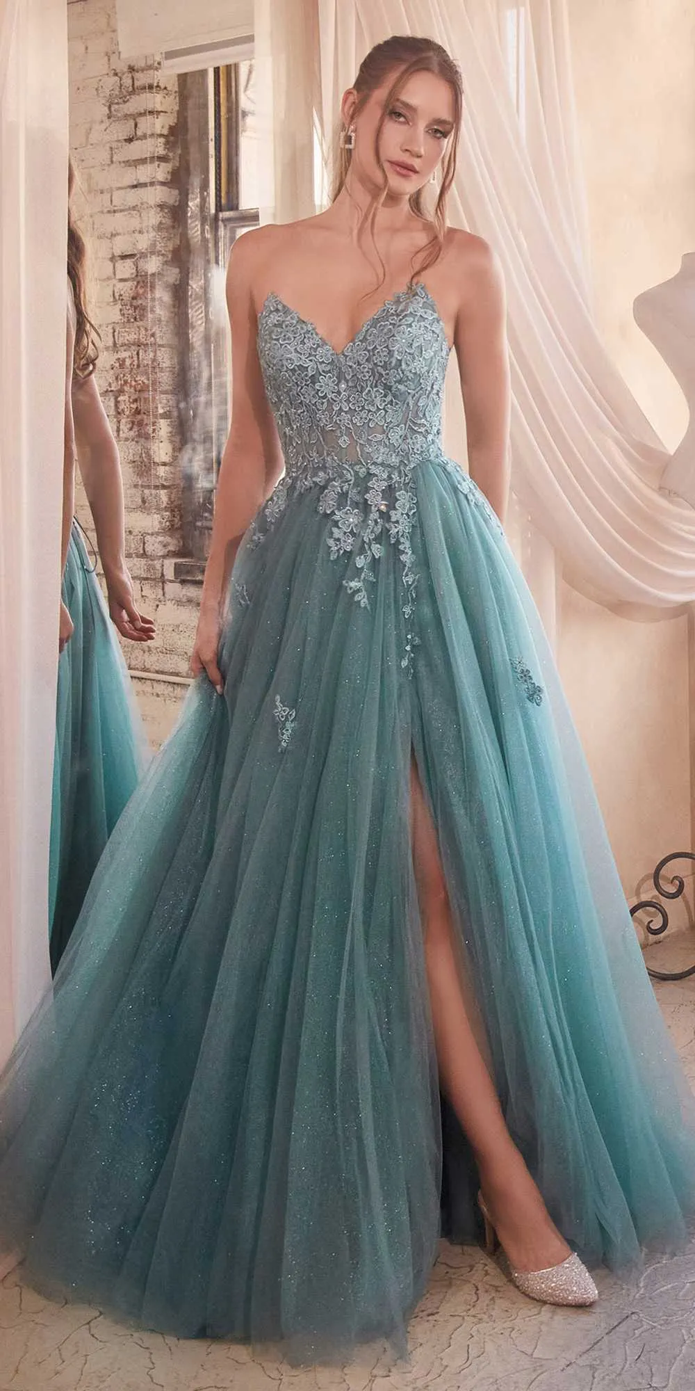 Ladivine C148 Long Strapless Lace and Tulle Glitter A-Line Ballgown
