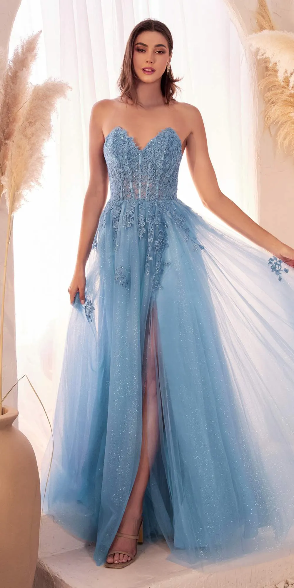 Ladivine C148 Long Strapless Lace and Tulle Glitter A-Line Ballgown