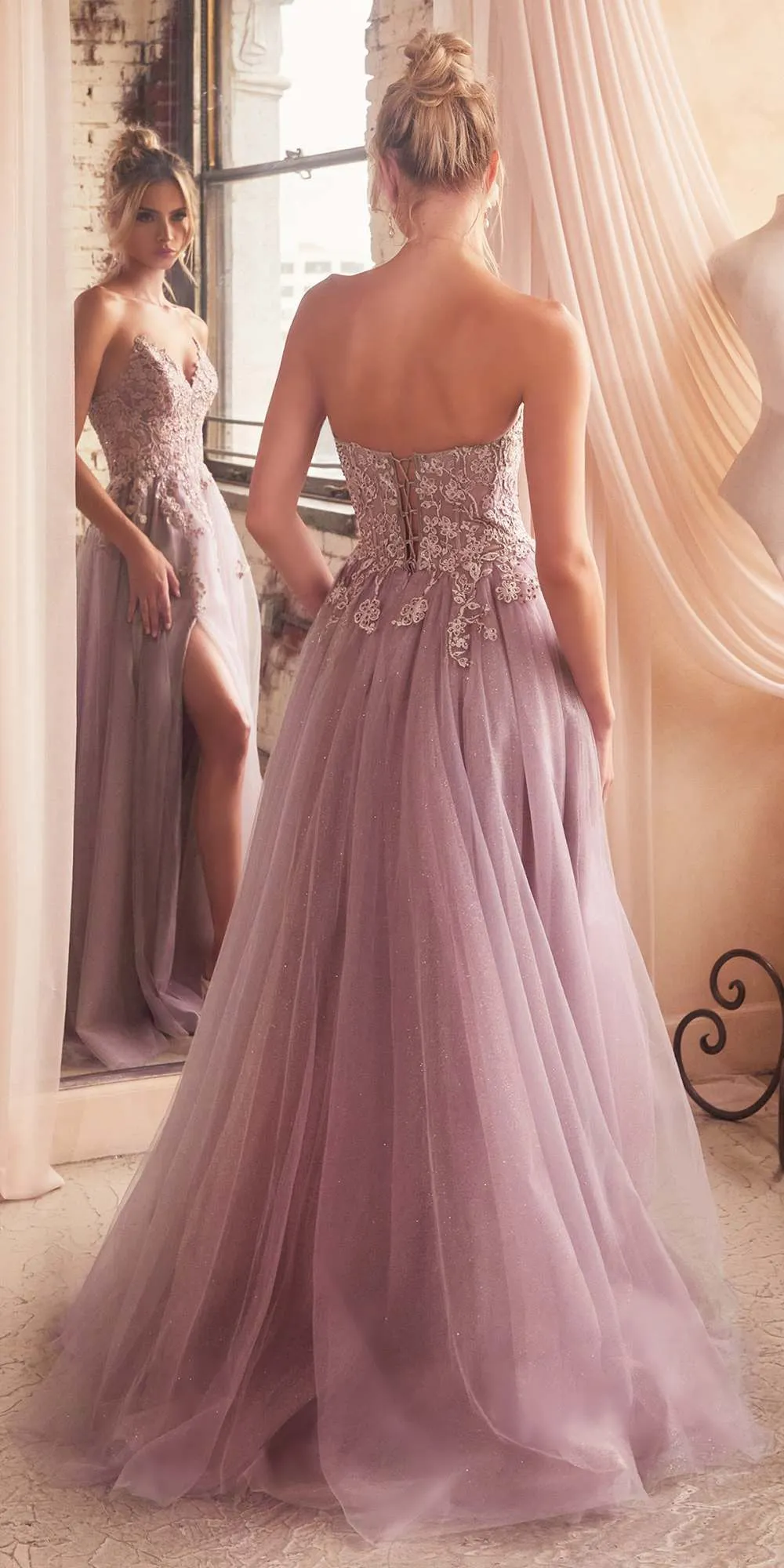 Ladivine C148 Long Strapless Lace and Tulle Glitter A-Line Ballgown