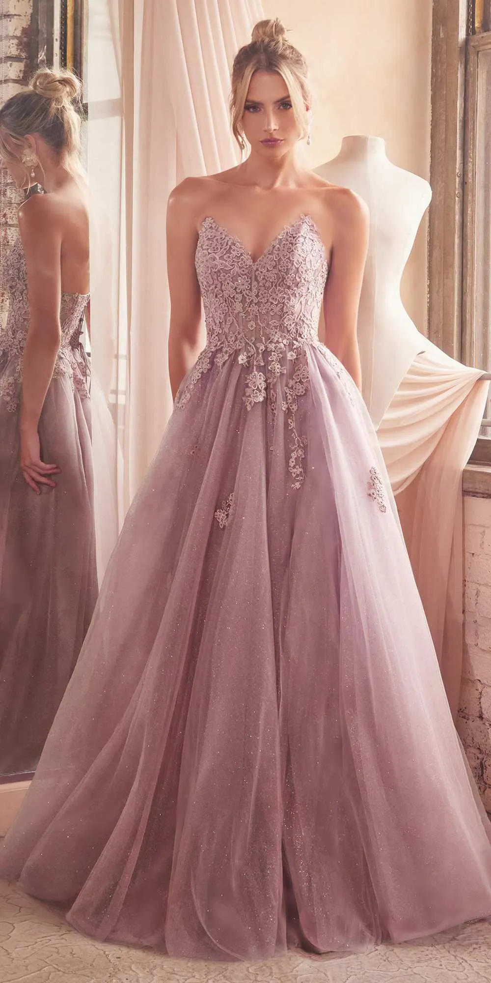 Ladivine C148 Long Strapless Lace and Tulle Glitter A-Line Ballgown