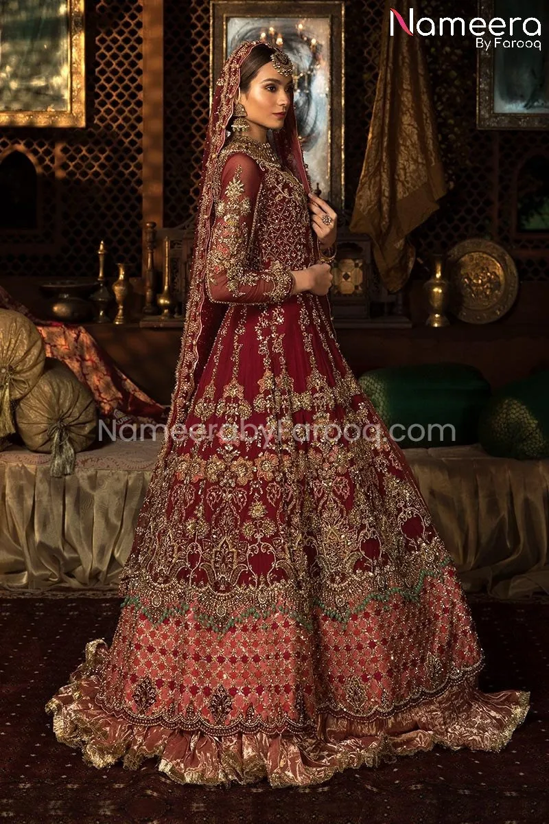 Lehenga with Frock in Red Pakistani Bridal Dress #BS68