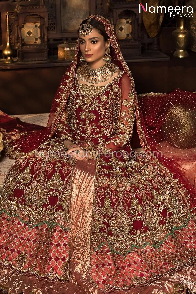 Lehenga with Frock in Red Pakistani Bridal Dress #BS68