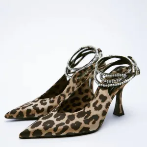 Leopard Print Suede Mid Pointed Toe Strap Heels