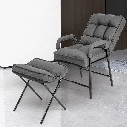 Linen Fabric Modern Accent Chair with Ottoman and Adjustable Backrest-Gray - Col