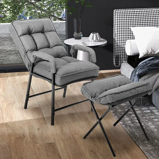 Linen Fabric Modern Accent Chair with Ottoman and Adjustable Backrest-Gray - Col
