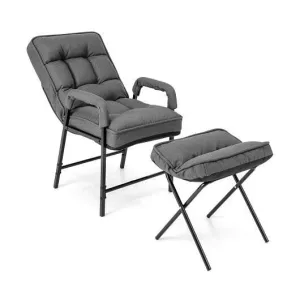 Linen Fabric Modern Accent Chair with Ottoman and Adjustable Backrest-Gray - Col