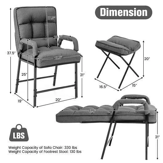 Linen Fabric Modern Accent Chair with Ottoman and Adjustable Backrest-Gray - Col