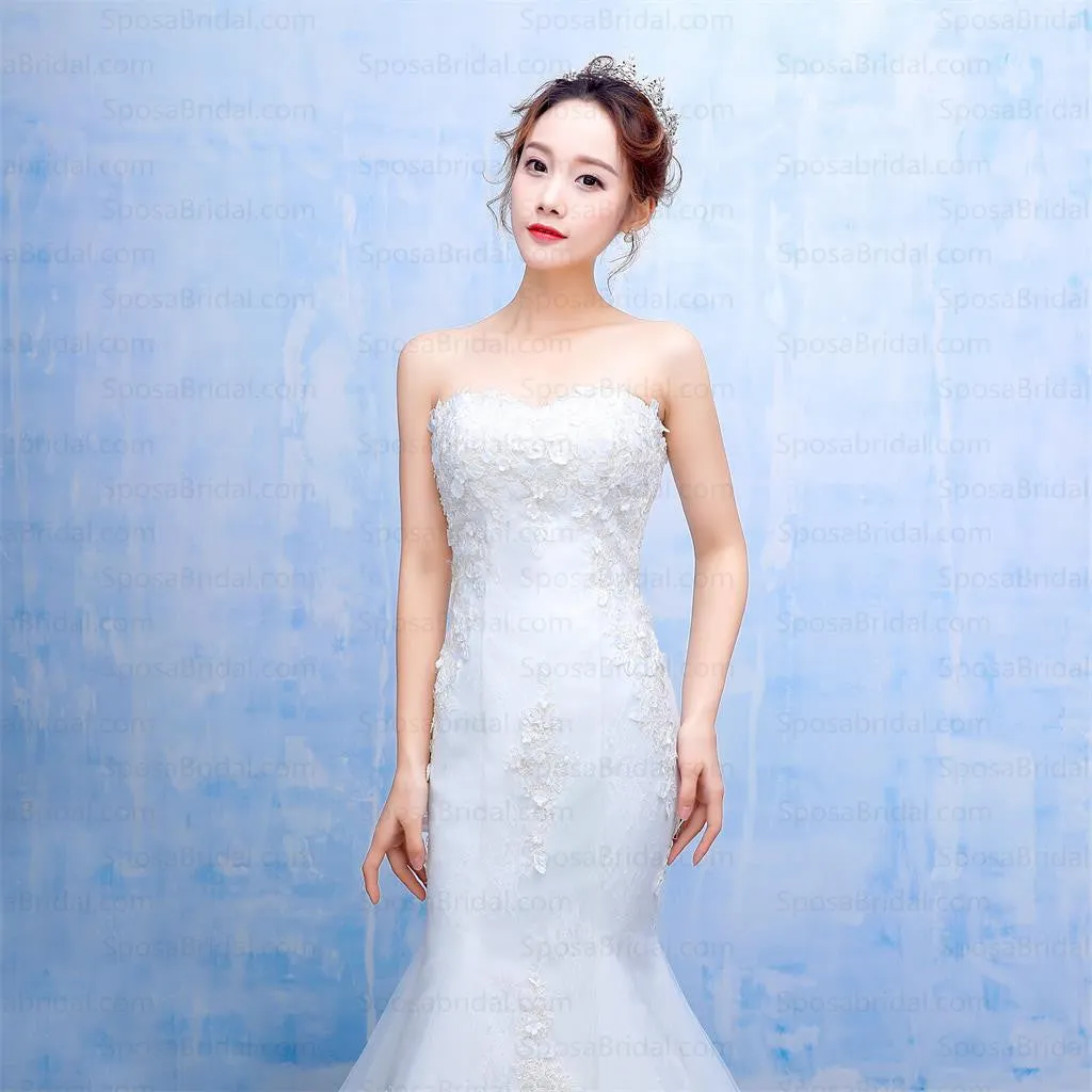 Long Mermaid Strapless Elegant Sweetheart Lace Appliques Charming Wedding Dresses, WD0224