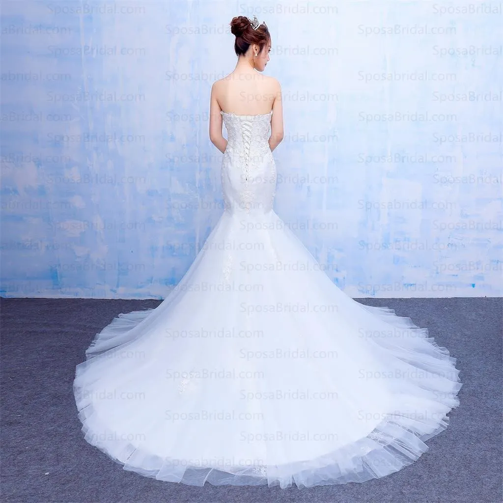 Long Mermaid Strapless Elegant Sweetheart Lace Appliques Charming Wedding Dresses, WD0224