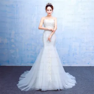 Long Mermaid Strapless Elegant Sweetheart Lace Appliques Charming Wedding Dresses, WD0224