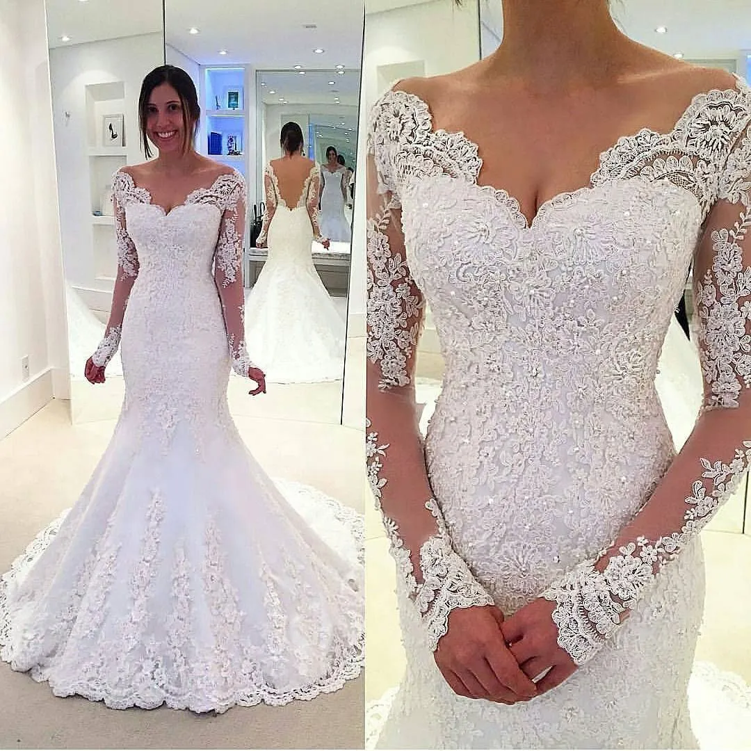 Long Sleeve Off Shoulder Mermaid Lace Custom Wedding Dresses Online, WDY0218