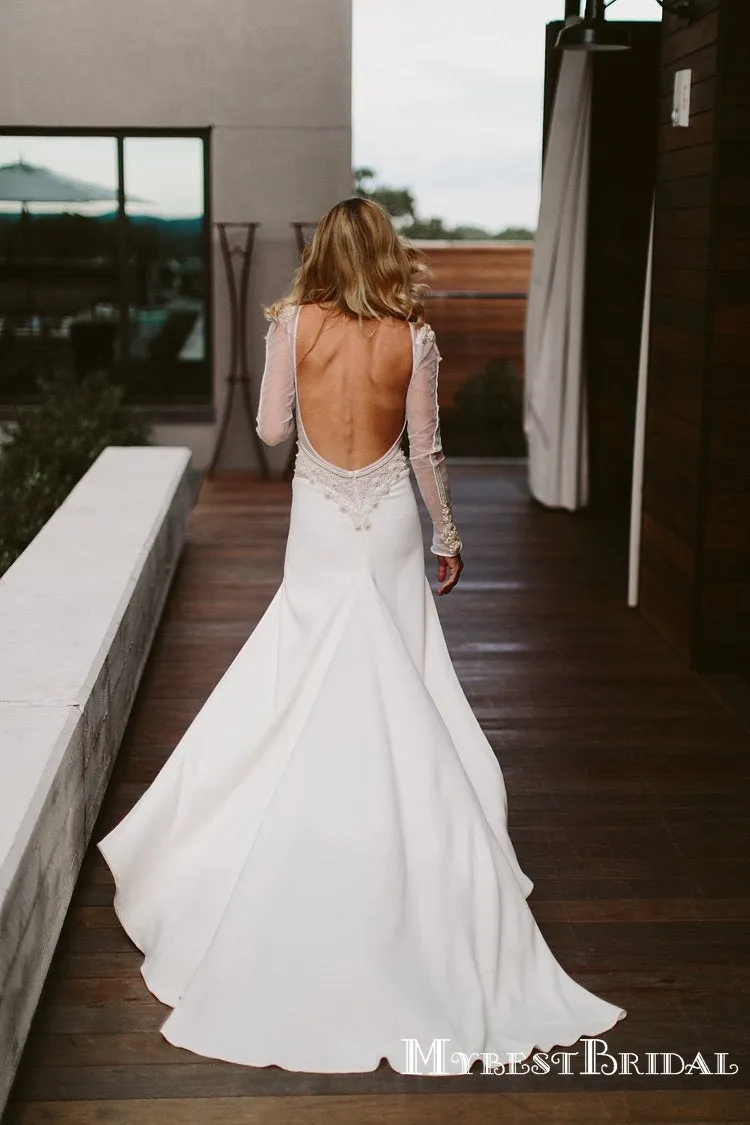 Long Sleeves Round Neck Ivory Side Slit Lace Appliqued Mermaid Long Cheap Wedding Dresses, WDS0003