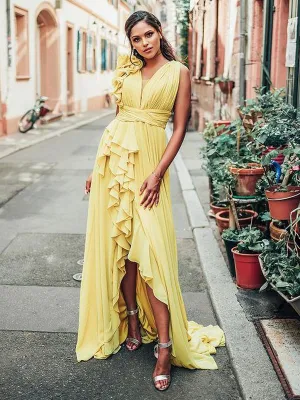 Lovely V-neck A-line Side Slit Chiffon Long Prom Dresses, PDS0256