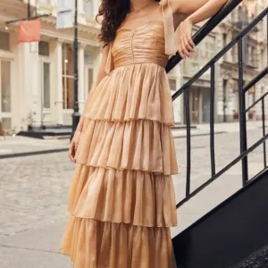 Lulu's • Radiant Arrival Shiny Gold Organza Tiered Tie-Strap Maxi Dress NWOT