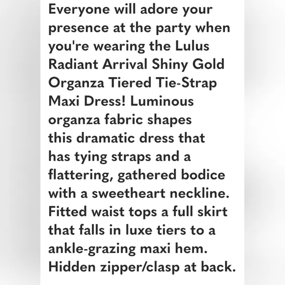 Lulu's • Radiant Arrival Shiny Gold Organza Tiered Tie-Strap Maxi Dress NWOT