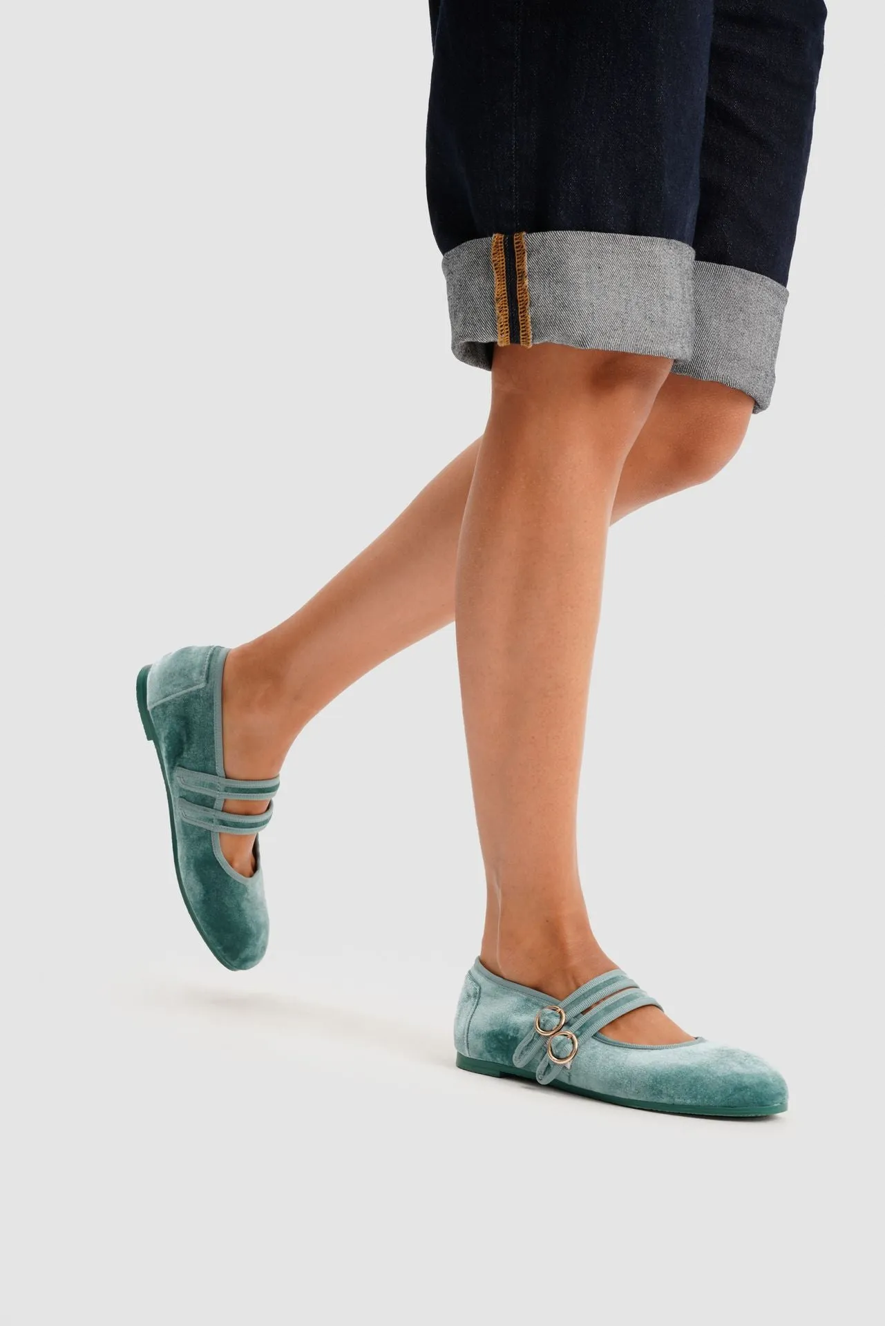 MARY JANE DOUBLE STRAP VELVET BERYL GREEN