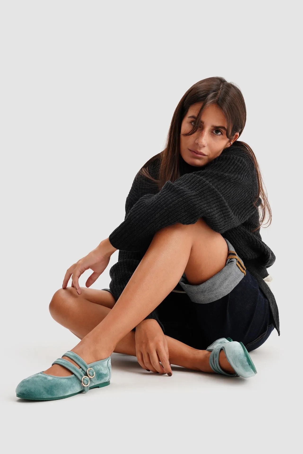 MARY JANE DOUBLE STRAP VELVET BERYL GREEN