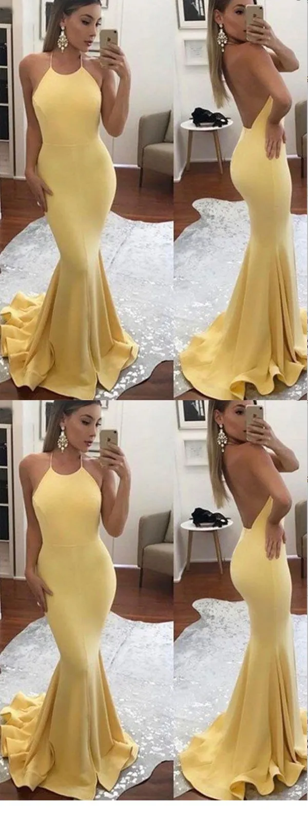 Mermaid Halter Sleeveless Backless Yellow Satin Prom Dress,Cheap Prom Dress,PDY0395