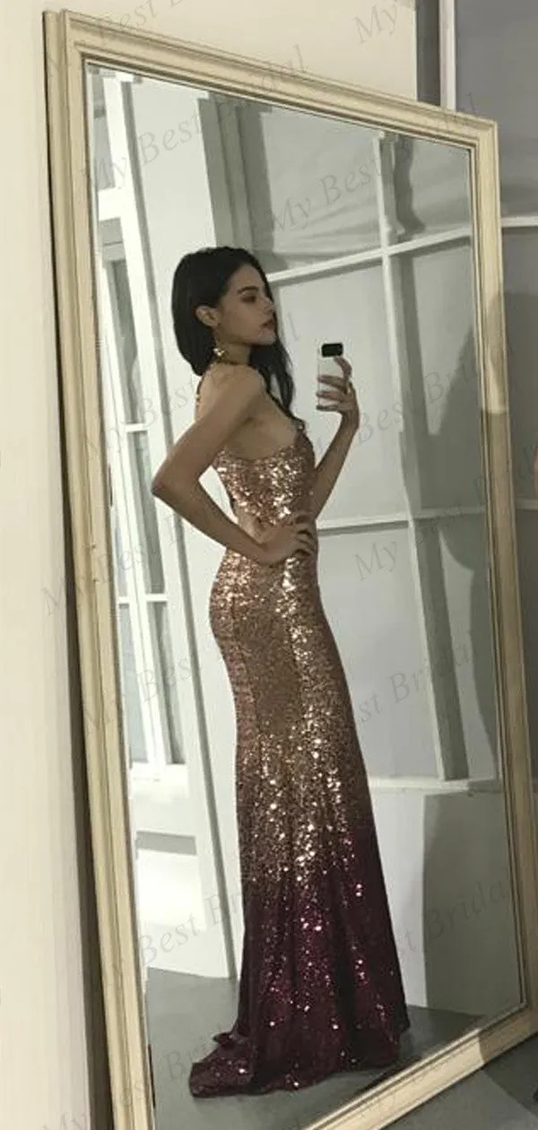 Mermaid Halter Sweep Train Sequin Prom Dresses,Cheap Prom Dresses,PDY0645