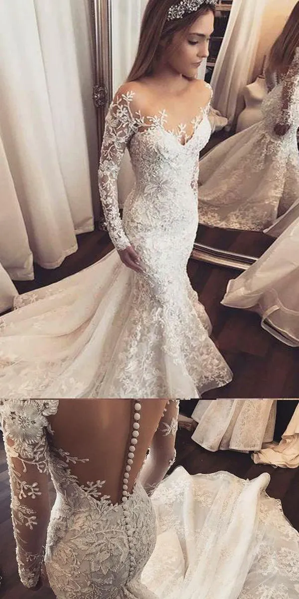 Mermaid Open Back White Lace Wedding Dresses.Cheap Wedding Dresses, WDY0274